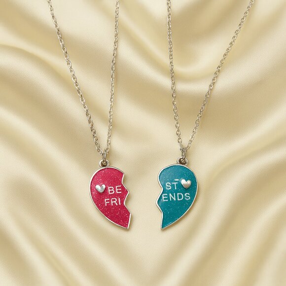 Silver Best Friends Broken Heart Necklace Set – Matching Split Pendant Jewelry - Picture 3 of 10